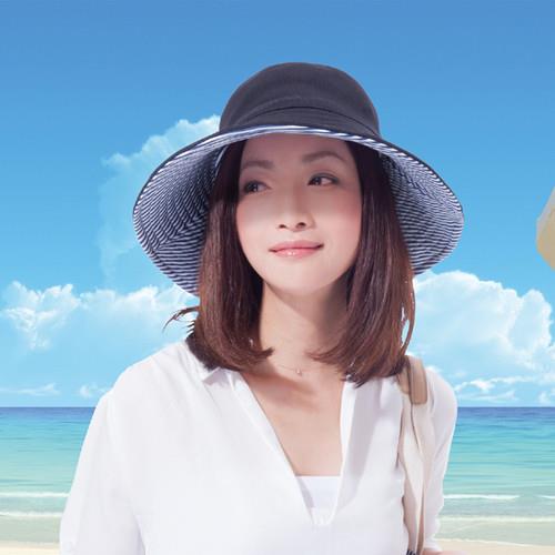 日本sunfamily 抗UV可折邊兩面防曬帽(黑/條紋  )