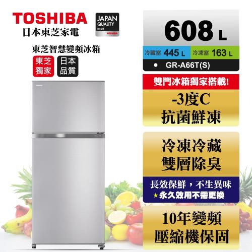 【滿額登記送氣炸鍋】TOSHIBA 東芝608公升一級能效雙門冰箱 雅爵銀GR-A66T(S)