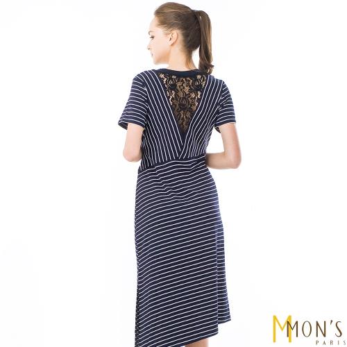 MONS歐系精品綁帶斜紋鏤空蕾絲洋裝