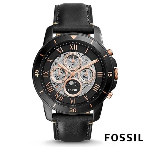 FOSSIL 富鼎霸氣日月鏤空透底 機械皮革腕錶(ME3138)-鏤空透底x玫瑰金錶盤/44mm