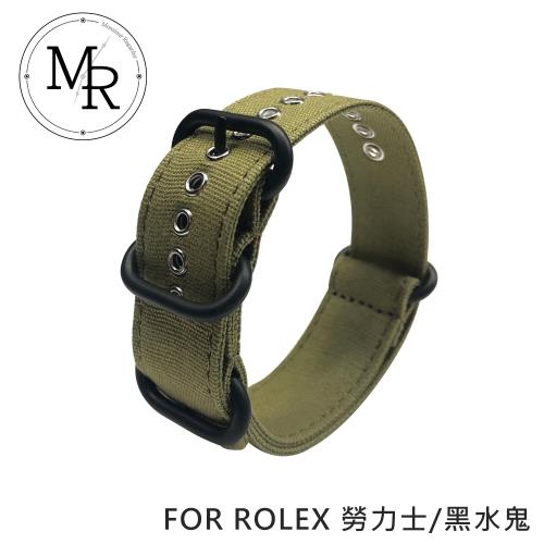 MR 20mm ROLEX 勞力士/黑水鬼 NATO款帆布/三環錶帶 軍綠