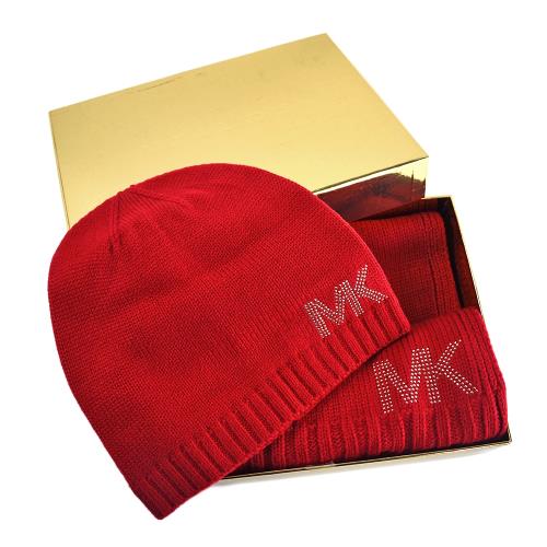 MICHAEL KORS 鉚釘LOGO圍巾/毛線帽禮盒組-紅色
