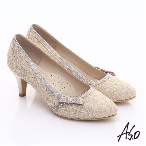 A.S.O 甜蜜樂章 優雅美型蕾絲緞布蝴蝶結鑽飾中跟鞋 金