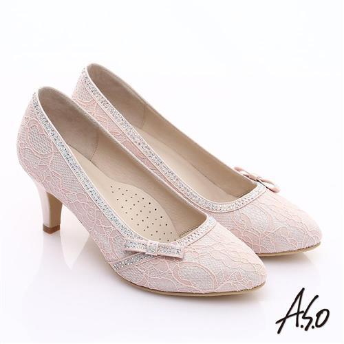 A.S.O 甜蜜樂章 優雅美型蕾絲緞布蝴蝶結鑽飾中跟鞋- 粉紅