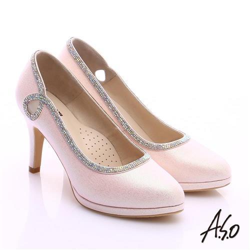 A.S.O 甜蜜樂章 金蔥亮布側縷空鑽飾高跟鞋- 粉紅