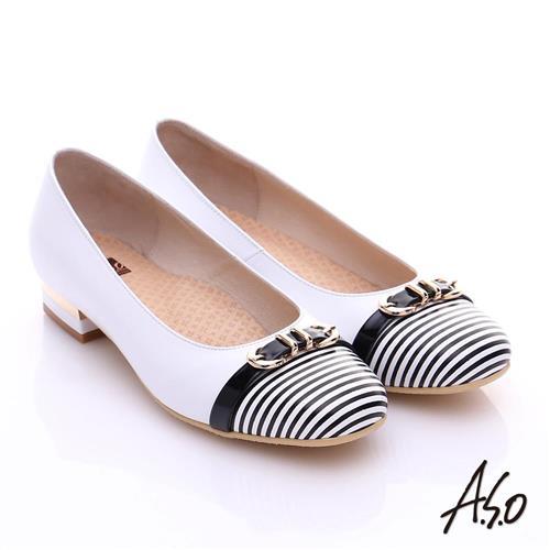 A.S.O 3E舒活寬楦 全真皮奈米條紋皮飾帶低跟鞋- 白