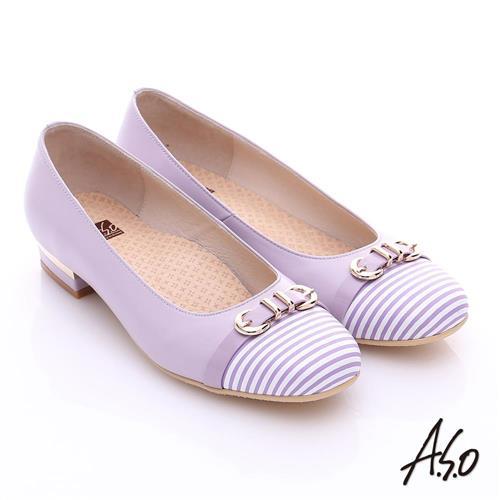 A.S.O 3E舒活寬楦 全真皮奈米條紋皮飾帶低跟鞋- 淺紫