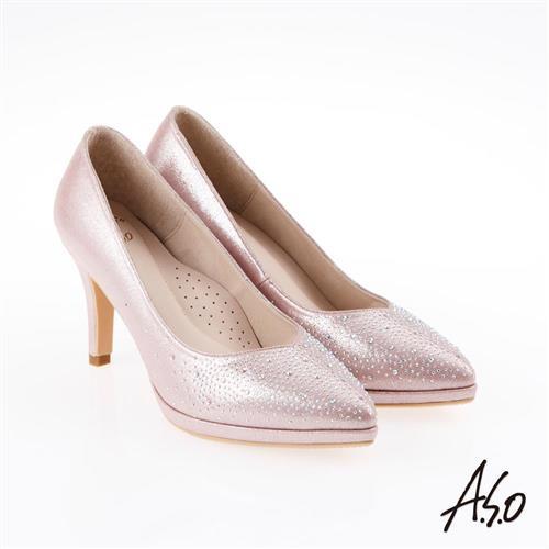 A.S.O 炫麗魅惑 優雅側V金蔥水鑽高跟鞋 粉紅