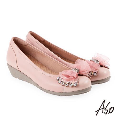 A.S.O 浪漫優雅 全真皮水鑽緞帶蝴蝶結低跟鞋 粉紅