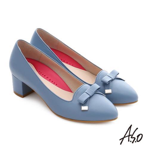 A.S.O 職場女力 綿羊皮蝴蝶結3D窩心中跟鞋- 淺藍