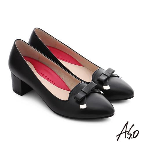 A.S.O 職場女力 綿羊皮蝴蝶結3D窩心中跟鞋- 黑