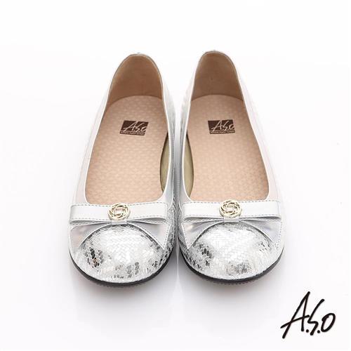 A.S.O 奢華美型 真皮金屬圖騰結飾平底鞋 銀