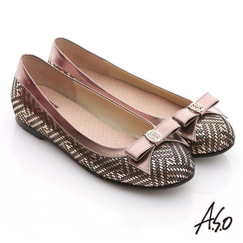 A.S.O 奢華美型 真皮金屬圖騰結飾平底鞋- 古銅