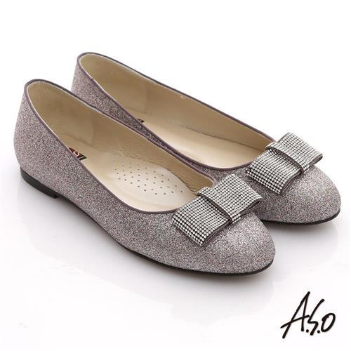 A.S.O 奢華美型 全真皮蝴蝶結金蔥平底鞋 紫銀