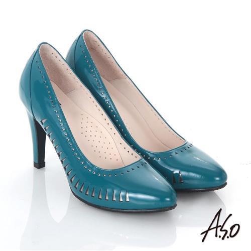 A.S.O 輕透美型 鏡面真皮側鏤空高跟鞋- 藍