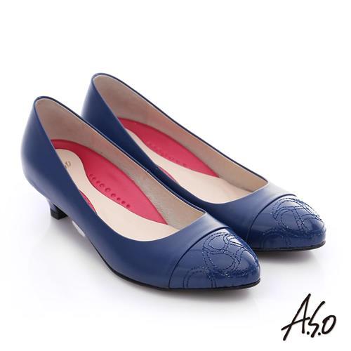 A.S.O 職場女力 真皮縫線刻花素色高跟鞋- 藍