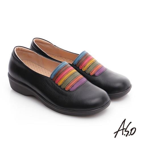 A.S.O 3E寬楦 壓紋牛皮繽紛鬆緊帶奈米氣墊鞋- 黑