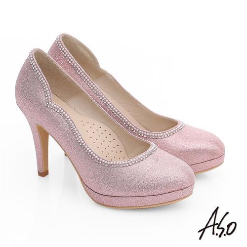 A.S.O 甜蜜樂章 金蔥布滾邊珍珠水鑽高跟鞋- 粉紅