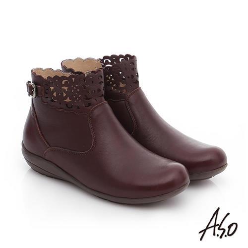 A.S.O 舒適樂活 全真皮釦飾鏤空拉鍊短靴- 咖啡