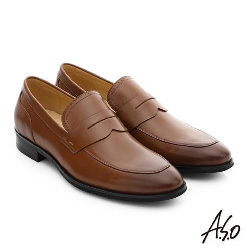 A.S.O 職人通勤 簡約全真皮直套式紳士皮鞋- 茶