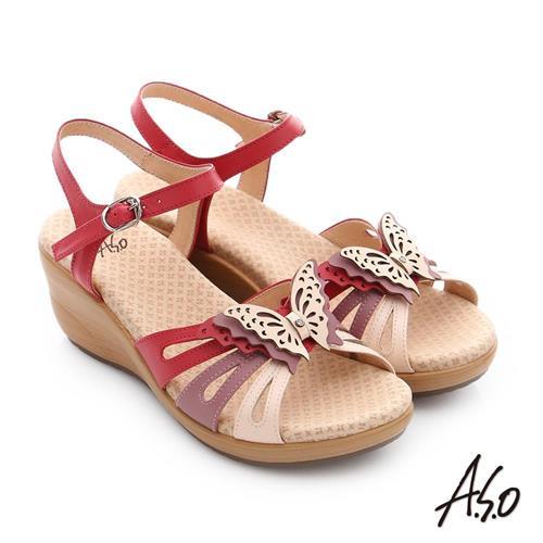 A.S.O 挺麗氣墊 真皮雙色蝴蝶環釦氣墊楔型涼拖鞋- 桃粉紅