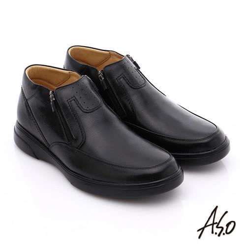 A.S.O 厚切氣墊 羊皮直套式拉鏈奈米氣墊皮鞋- 黑