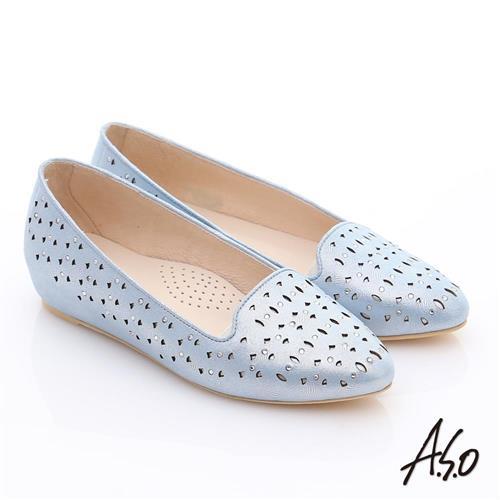A.S.O 玩美涼夏 金屬感羊皮內增高平底鞋 藍