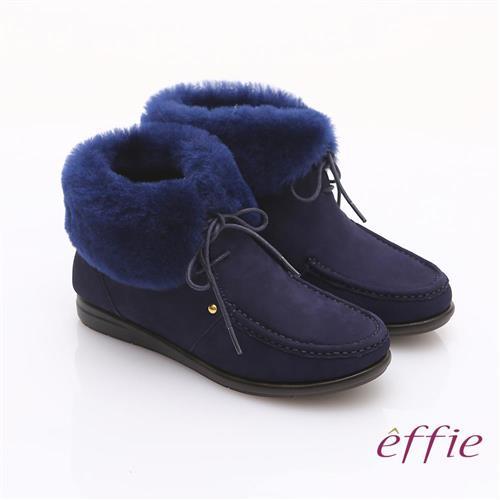 effie 心機美型 真皮羊毛滾邊奈米短筒雪靴- 深藍