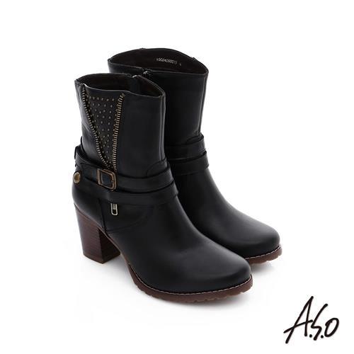 A.S.O 保暖靴 鉚釘拉鍊釦飾粗跟短靴 黑