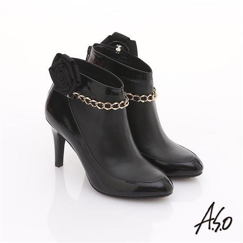 A.S.O 機能美靴 全真皮花朵金鏈奈米踝靴 黑