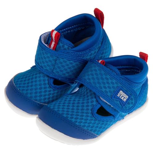 《布布童鞋》Moonstar日本Hi系列藍色透氣寶寶機能學步鞋(12.5~14.5公分) [ I9E999B ] 