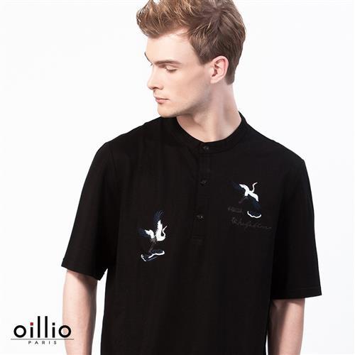 oillio歐洲貴族 男裝 吸濕透氣圓領T恤 日文白鶴刺繡 黑色-男款 服飾 男上衣 吸濕 排汗 透氣 不悶熱 Tshirt  萊卡彈力 舒適好穿