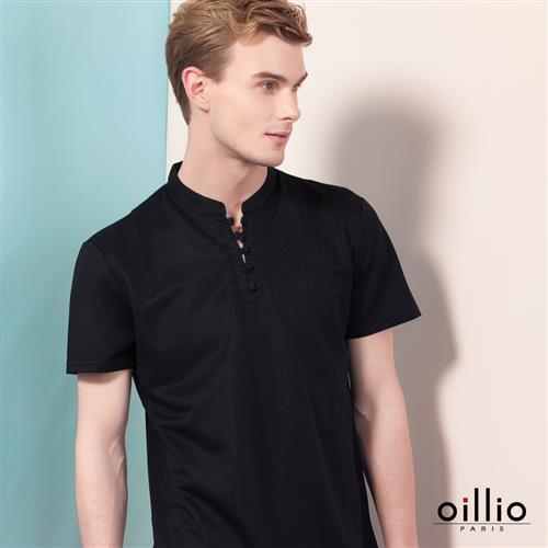 oillio歐洲貴族 男裝 小立領超柔 透氣 短袖 T恤 旗袍領素面款式 黑色-男款 男服裝 輕柔觸感 透氣 吸濕 排汗 不悶熱 自然棉 萊卡彈性