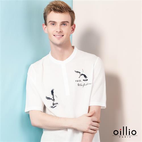 oillio歐洲貴族 男裝 吸濕透氣 圓領短袖T恤 日文白鶴刺繡 白色-男款 男上衣 排汗 不悶熱 舒適 好穿 t-shirt 萊卡彈性 彈力纖維
