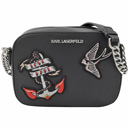 KARL LAGERFELD 卡爾 刺繡徽章斜背相機包.黑