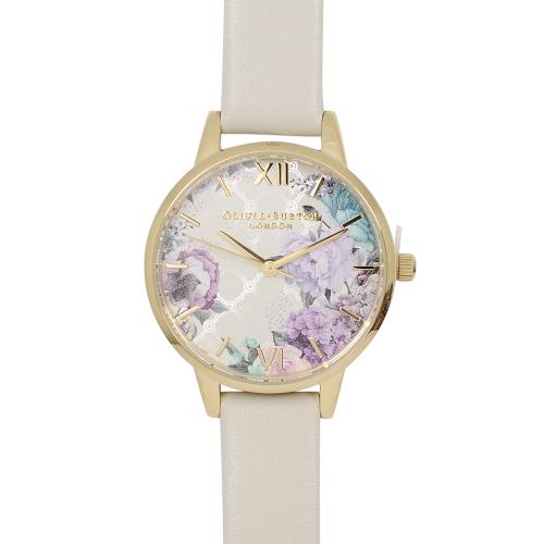 Olivia Burton 英倫復古手錶 閃亮格紋花園 米色真皮錶帶金框30mm OB16EG99