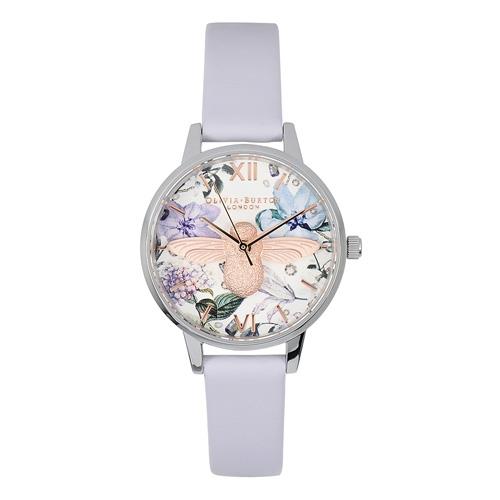 Olivia Burton 英倫復古手錶 3D立體蜜蜂 粉紫色真皮錶帶銀框30mm OB16BF22