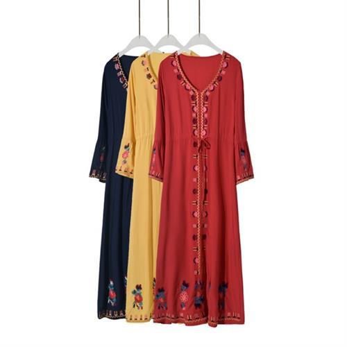 【維拉森林】波希米亞風復古民族刺繡洋裝S-XL(共三色)