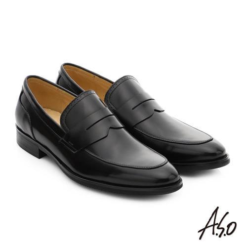 A.S.O 職人通勤 簡約全真皮直套式紳士皮鞋- 黑