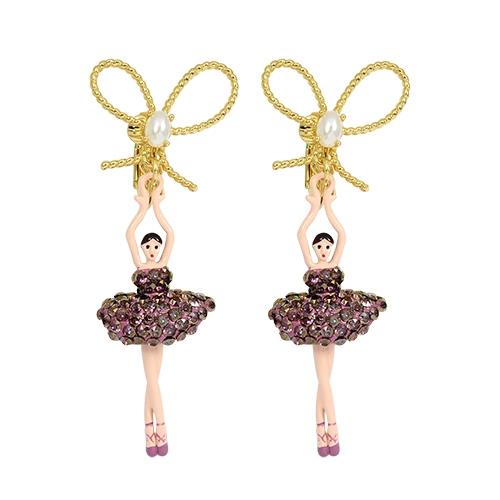 Les Nereides 優雅芭蕾舞女孩系列 閃耀珍珠蝴蝶結紫桃色水鑽舞者耳夾式耳環 AIDDL108C/1