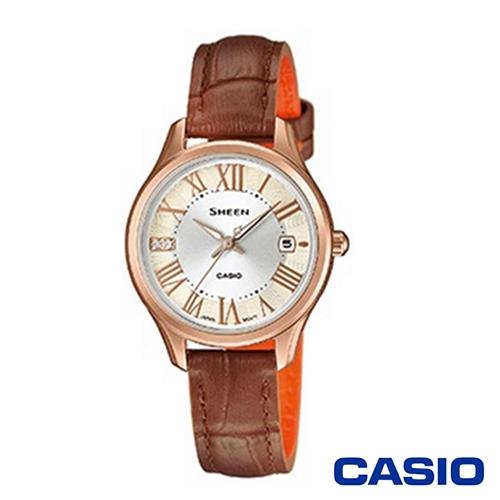 CASIO卡西歐 氣質簡約施華洛世奇皮革女腕錶-咖啡x28mm(SHE-4050PGL-7A)