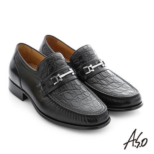A.S.O 極致工藝 鱷魚牛皮金屬飾釦手縫紳士鞋 黑