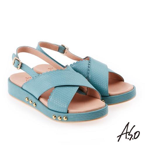 A.S.O 雅緻魅力 牛皮壓紋鉚釘綴飾輕量奈米鞋墊休閒涼鞋- 淺藍