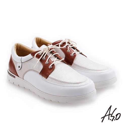 A.S.O 3D超動能 綁帶拼色牛皮休閒鞋-白