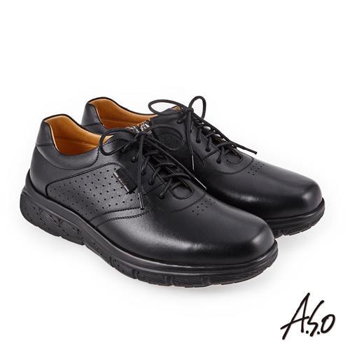 A.S.O 超能耐二代 壓紋綁帶氣墊休閒皮鞋 黑