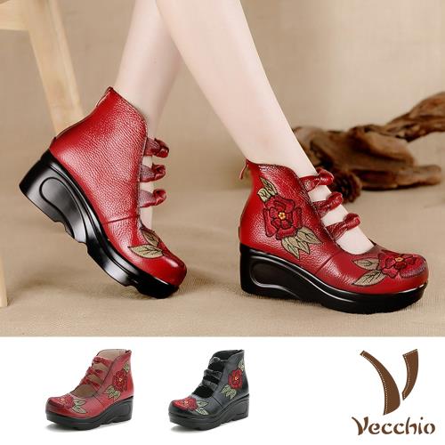 【Vecchio】真皮手工花朵刺繡復古單結坡跟厚底鞋(2色任選)