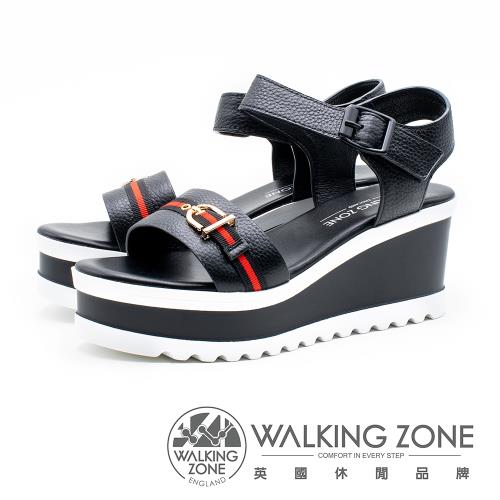WALKING ZONE 真皮歐美裝飾繫帶楔型涼鞋 女鞋- 黑(另有白)