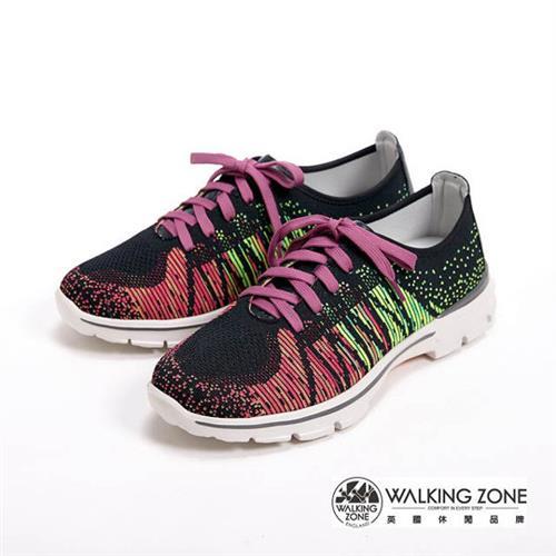 【WALKING ZONE】飛線氣墊慢跑鞋 彩虹針織運動鞋 情侶鞋(男款)-紫(另有藍)
