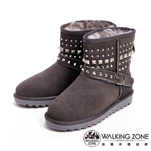 【WALKING ZONE】經典鉚釘造型內刷毛雪靴-灰