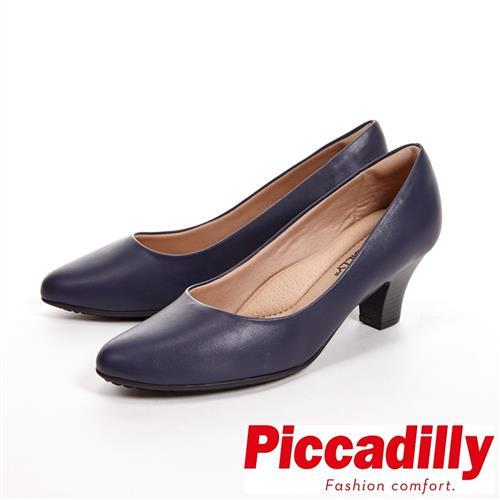 Piccadilly 經典優雅 粗跟中跟女鞋-霧面藍(另有亮面黑)
